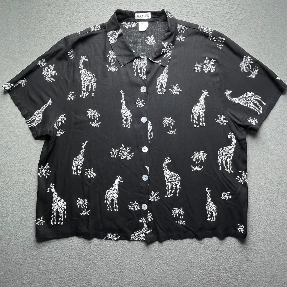 VTG Paradiso Women 2X Beaded Giraffe Safari Animal Print Rayon Button Up Shirt